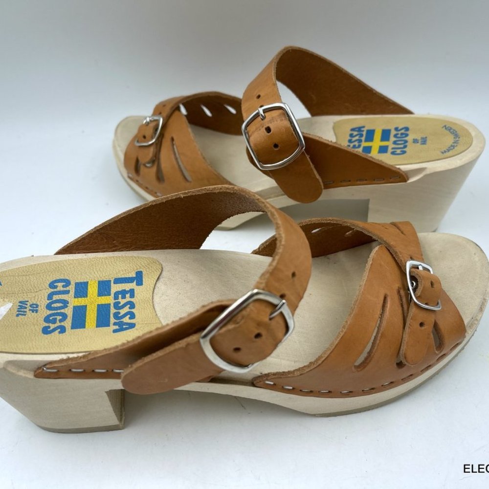 Tessa Clogs of Vail 6.5 M Tan Brown Leather Wood Sandals Made in Sweden EU 37